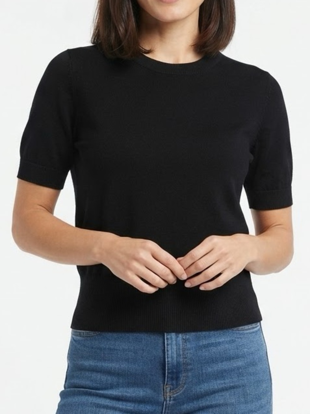 Moda International Black Silk Cashmere Short Sleeve Sweater Top Size S